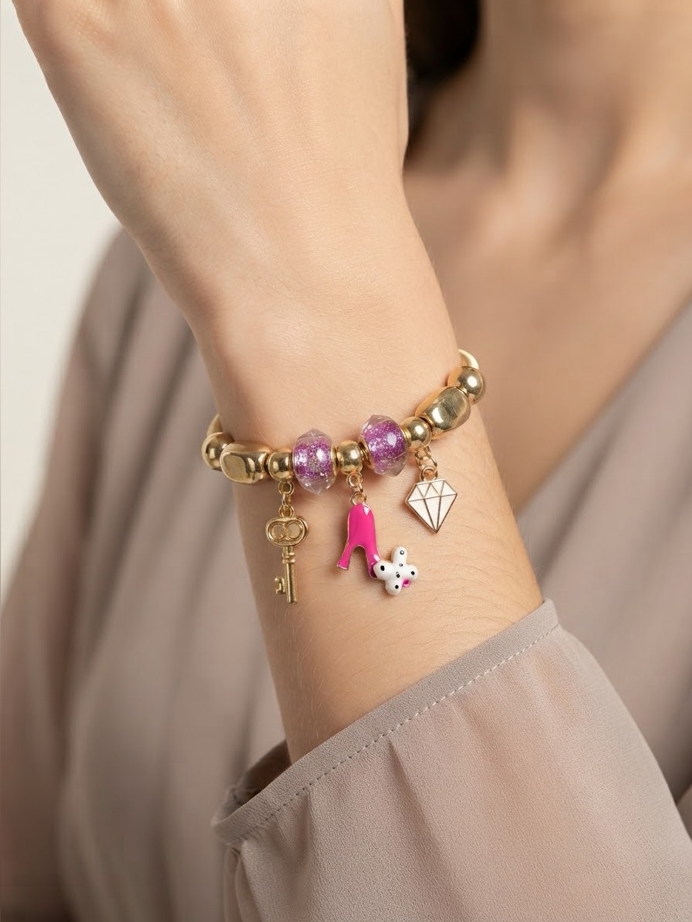 Pink Heel Key Charm Bracelet | Snake Chain High Heel Key Fashion Charms